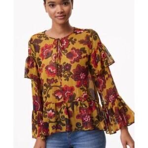 Loft Women's Woodland Bell Sleeve Mustard Yellow Floral Sheer Blouse XXS